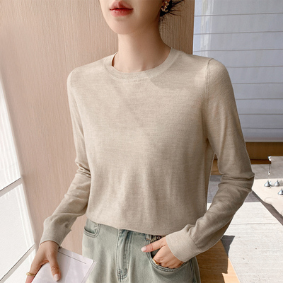 100%纯羊毛衫女圆领长袖针织打底