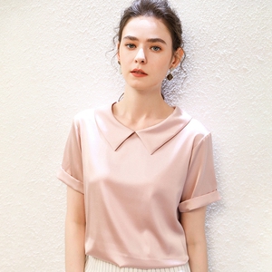 品牌桑蚕丝重磅真丝短袖t恤女装夏季2023新款娃娃领衬衫宽松上衣