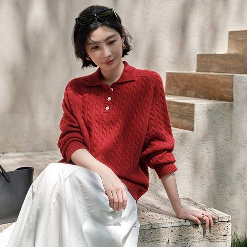 25秋冬新款100山羊绒衫女Polo翻领系扣复古扭花加厚宽松针织毛衣
