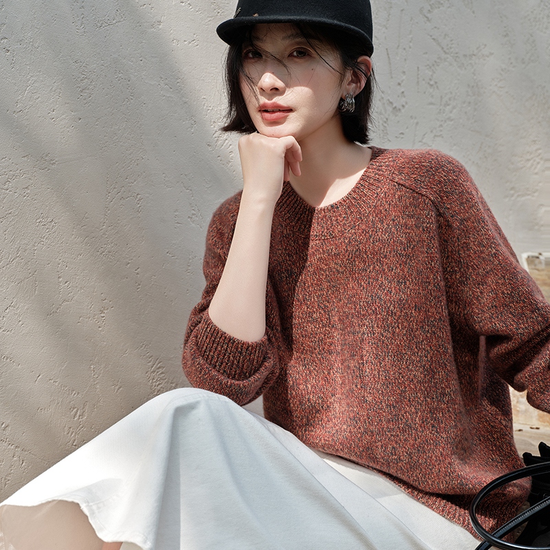 2025秋冬新款加厚花纱100%纯山羊绒衫女圆领套头宽松针织打底套衫