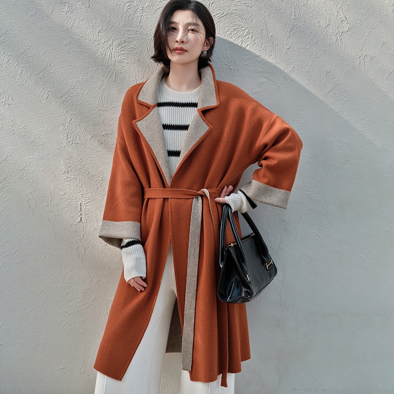 2025秋冬高端双面纯山羊绒大衣女西装领中长款拼色高级感宽松外套