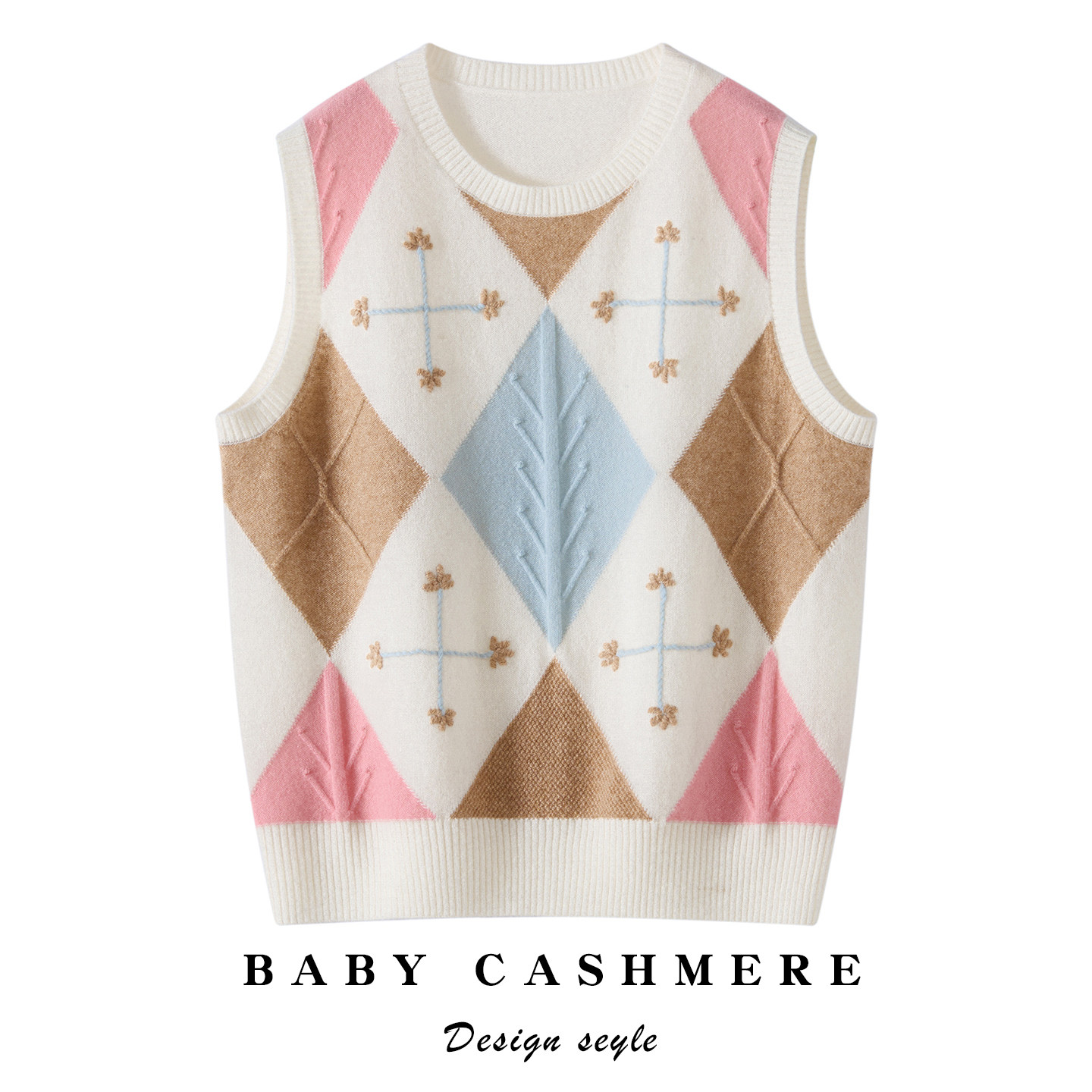 秋冬新款100%纯山羊绒无袖马甲女圆领菱形格拼色设计叠穿针织坎肩,女装/女士精品,羊绒衫,淘宝优惠券,粉丝福利购,淘宝优惠卷