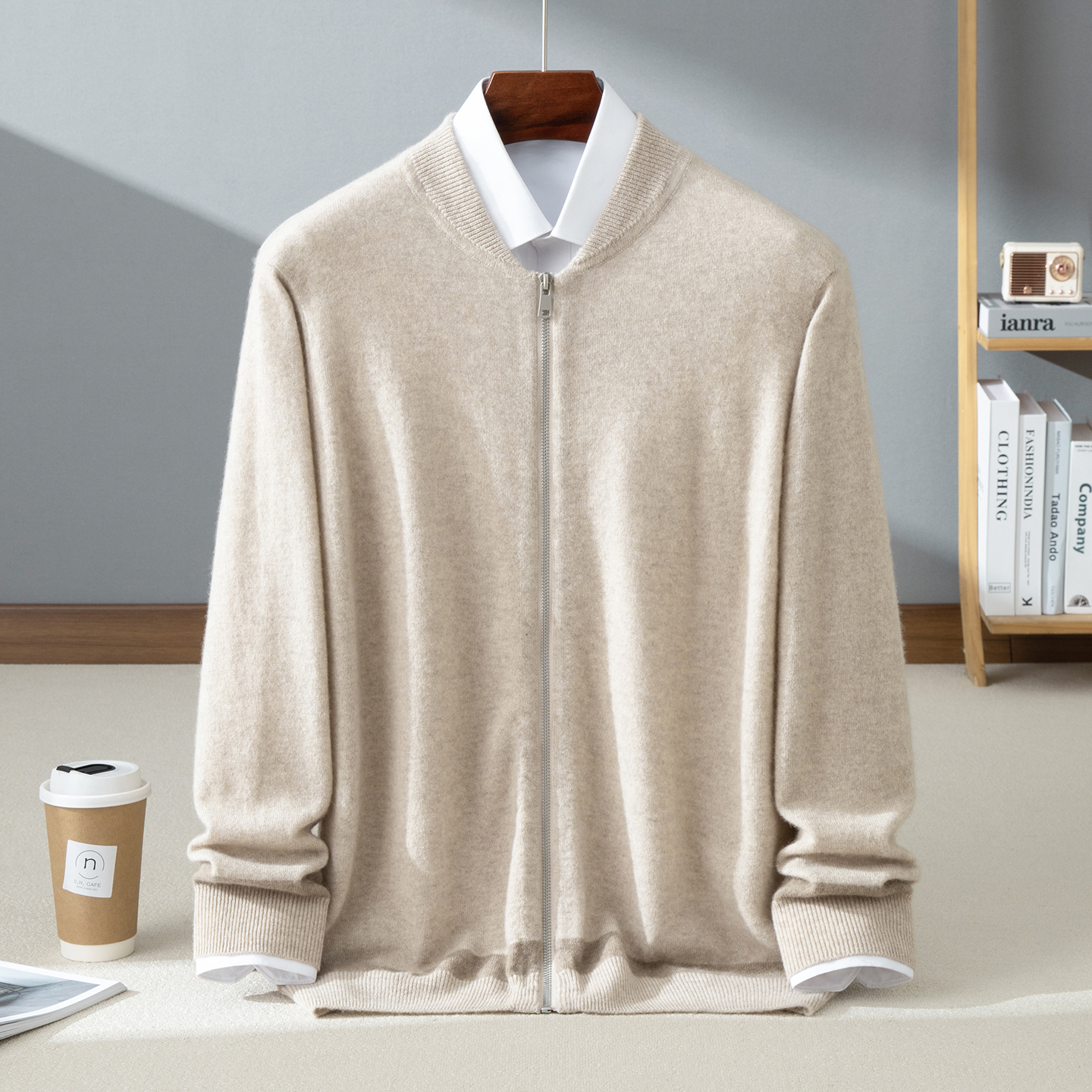 秋冬新款100%纯山羊绒男棒球领拼色开衫百搭简约保暖针织开衫外套