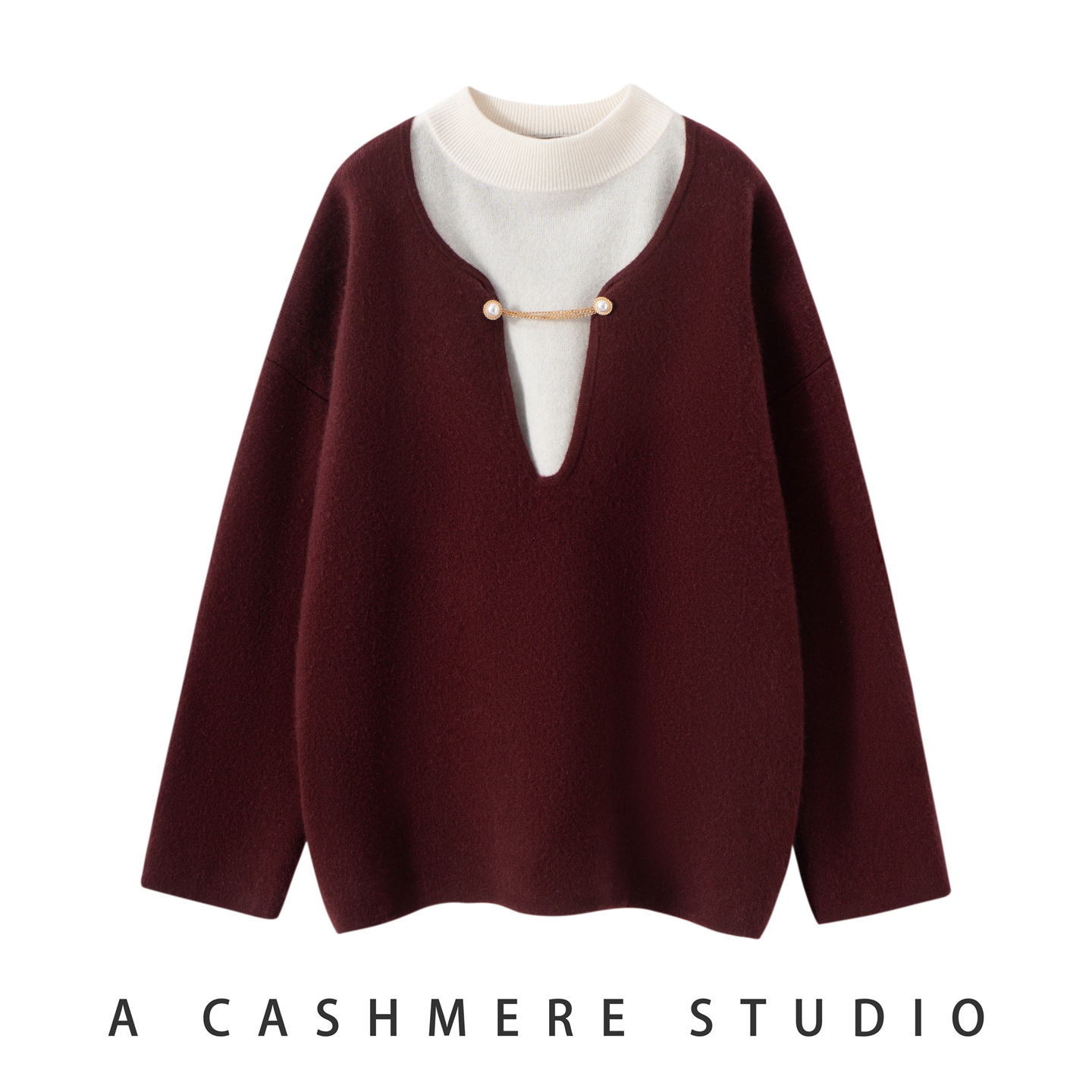 秋冬新款加厚100%纯山羊绒衫女士假两件半高领时尚撞色打底衫毛衣