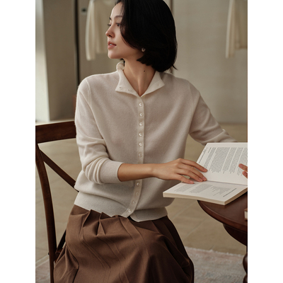 2025秋冬新款100%山羊绒开衫女立领多扣文艺宽松简约针织外套毛衣