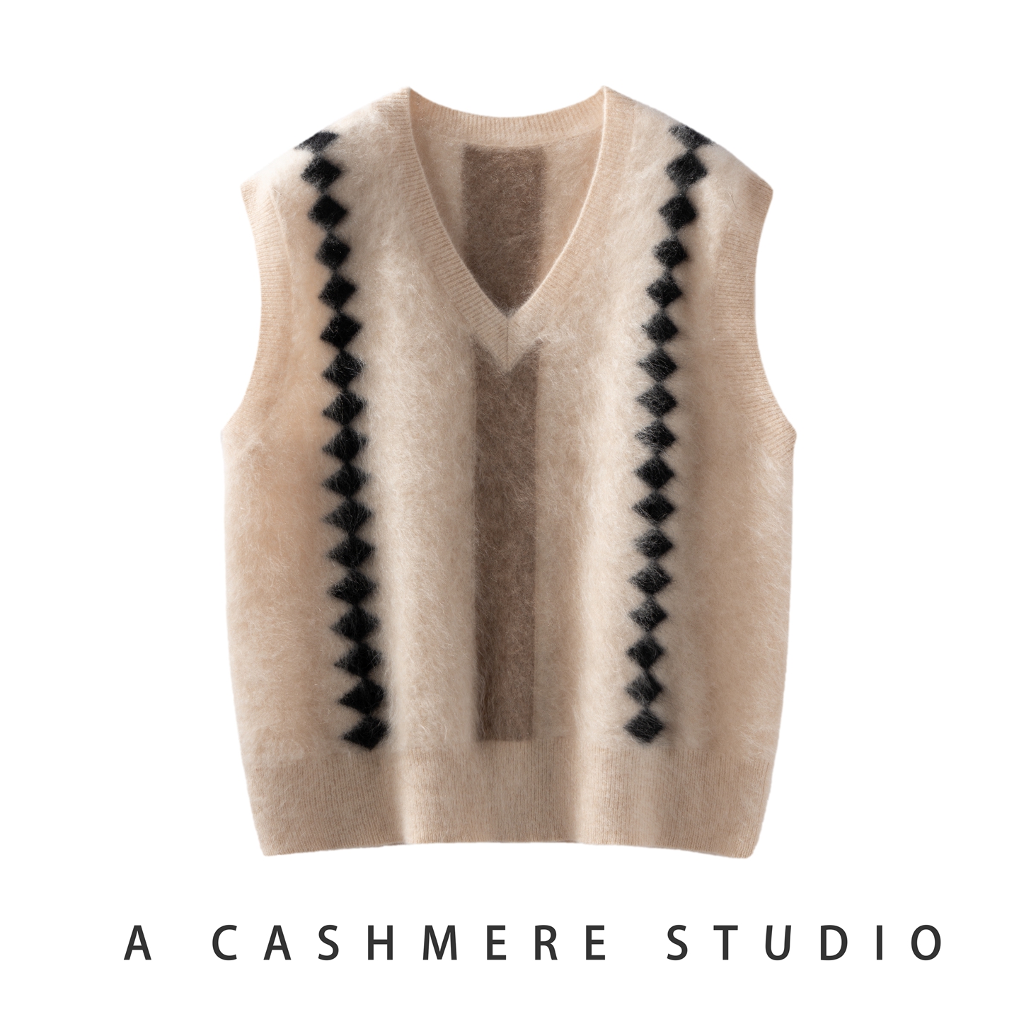 秋冬新款100%山羊绒针织加厚V领马甲女菱形拼色时尚无袖叠穿坎肩
