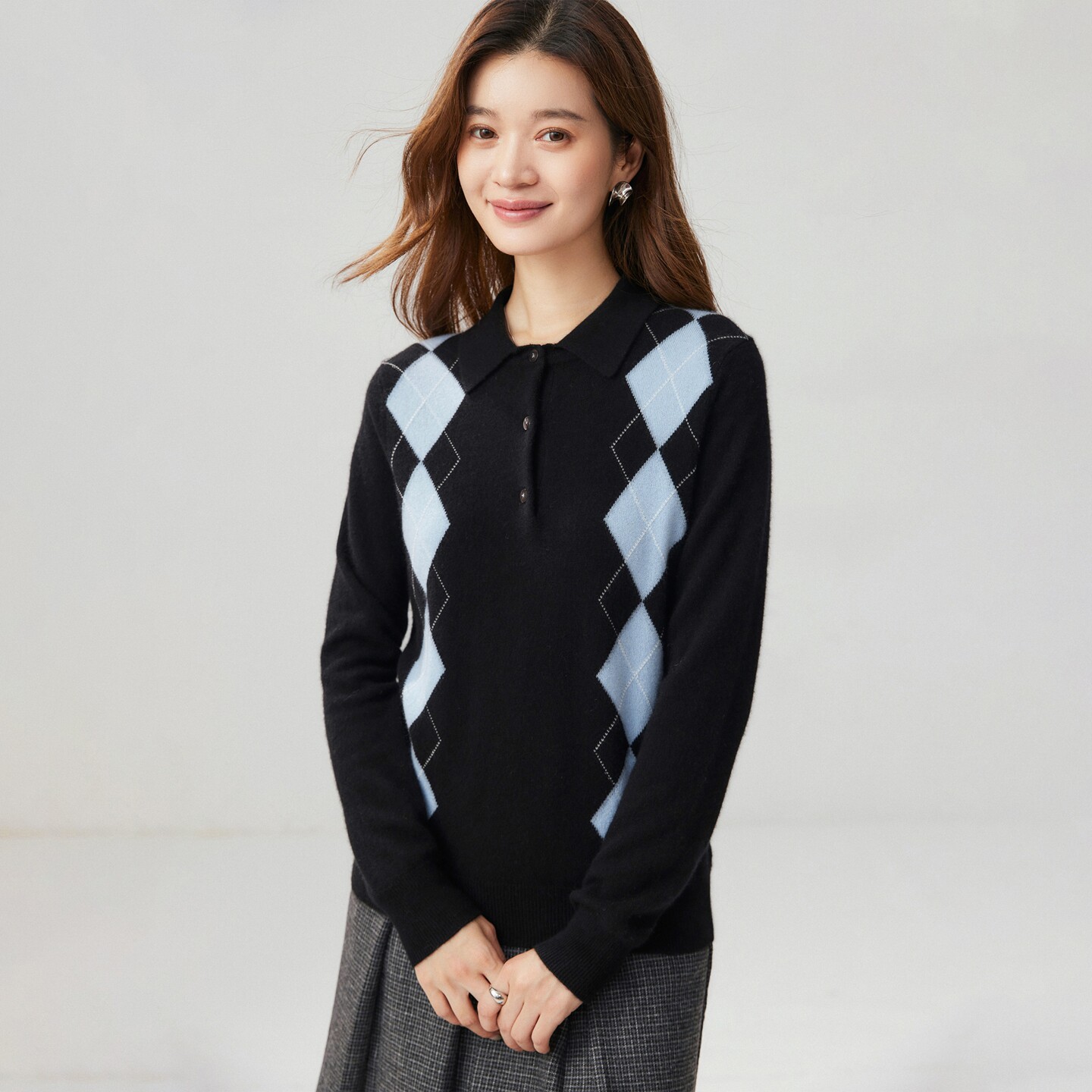 喜姿鹿秋冬新款羊绒衫女100纯山羊绒Polo领系扣可半开菱形格套衫