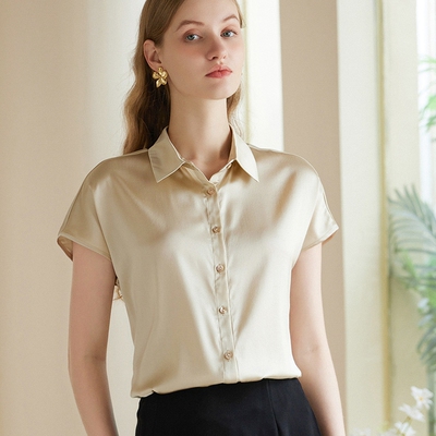 2025春夏新款桑蚕丝真丝高端短袖衬衣女POLO领纯色上衣高级感衬衣