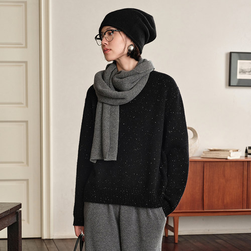 100%山羊绒点子纱女圆领宽松上衣