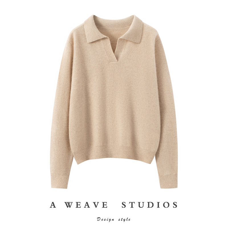 2025秋冬新款羊绒衫女100%山羊绒Polo领宽松套头休闲百搭针织套衫