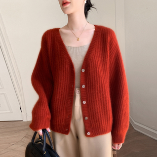 25秋冬新款 显瘦百搭针织毛衣外套 75山羊绒25桑蚕丝女V领宽松开衫