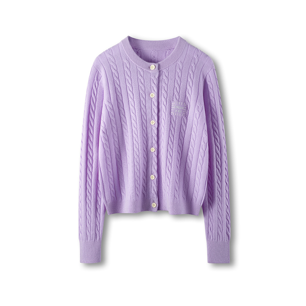 康赛妮系列新款100%纯山羊绒开衫女圆领绞花针织毛衣外套短款上衣