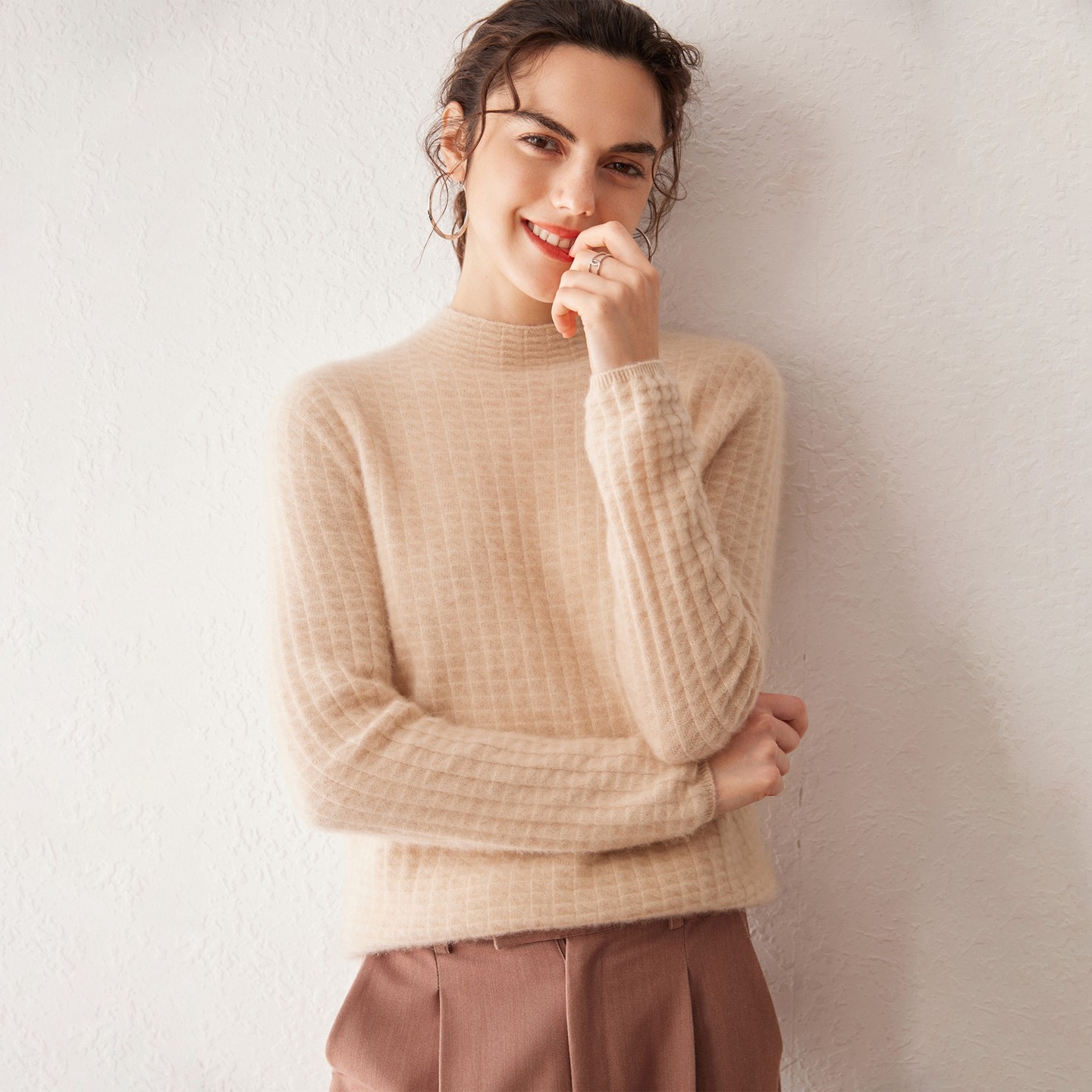 秋冬新款100%山羊绒衫女半高领华夫格百搭套头毛衣保暖针织打底衫,女装/女士精品,羊绒衫,淘宝优惠券,粉丝福利购,淘宝优惠卷