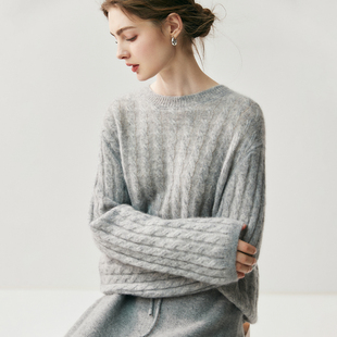 康宝莱纱线 75%山羊绒25%桑蚕丝毛衣女圆领麻花宽松慵懒风针织衫