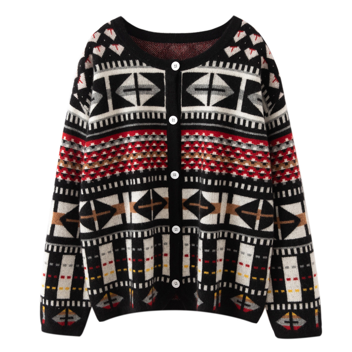 秋冬新款100%纯山羊绒衫女圆领复古提花针织开衫宽松百搭外套毛衣,女装/女士精品,羊绒衫,淘宝优惠券,粉丝福利购,淘宝优惠卷