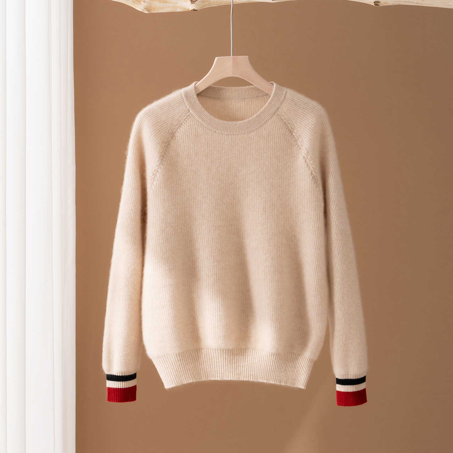 秋冬新款100%山羊绒衫女圆领条纹针织衫宽松显瘦毛衣元宝针打底衫