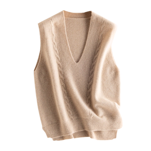 V领加厚羊绒坎肩女100纯山羊绒复古麻花马甲百搭简约针织外搭上衣
