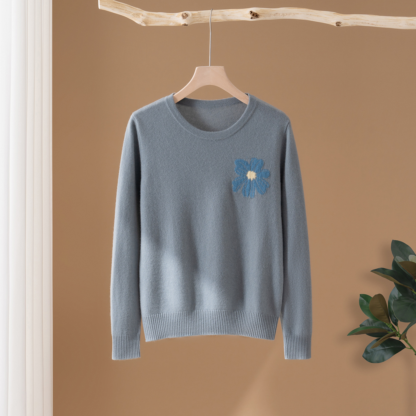 25秋冬新款圆领提花针织衫100%山羊绒衫女时尚百搭毛衣打底衫上衣