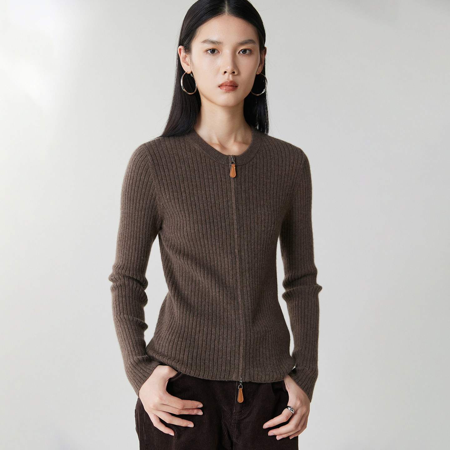 2025秋冬新款100%纯山羊绒开衫女双拉链百搭圆领抽条针织毛衣外套