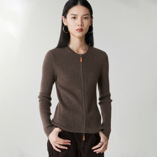 2025秋冬新款 女双拉链百搭圆领抽条针织毛衣外套 100%纯山羊绒开衫