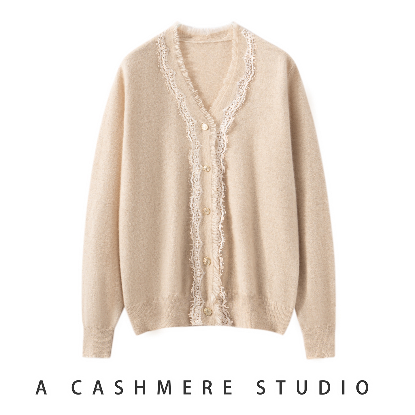 蕾丝拼接V领针织羊绒开衫100山羊绒女秋冬新款气质温柔风百搭上衣