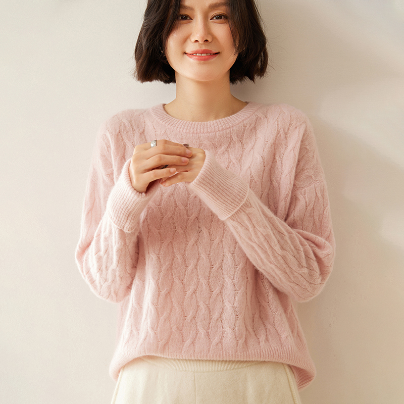 24秋冬新款100%纯山羊绒衫女圆领扭花宽松显瘦内搭简约针织打底衫