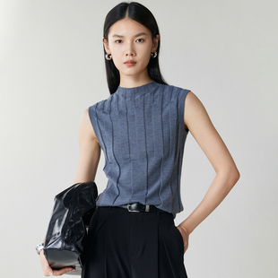 针织打底衫 女半高领无袖 背心上衣 68支精纺100%纯山羊绒衫 秋冬新款