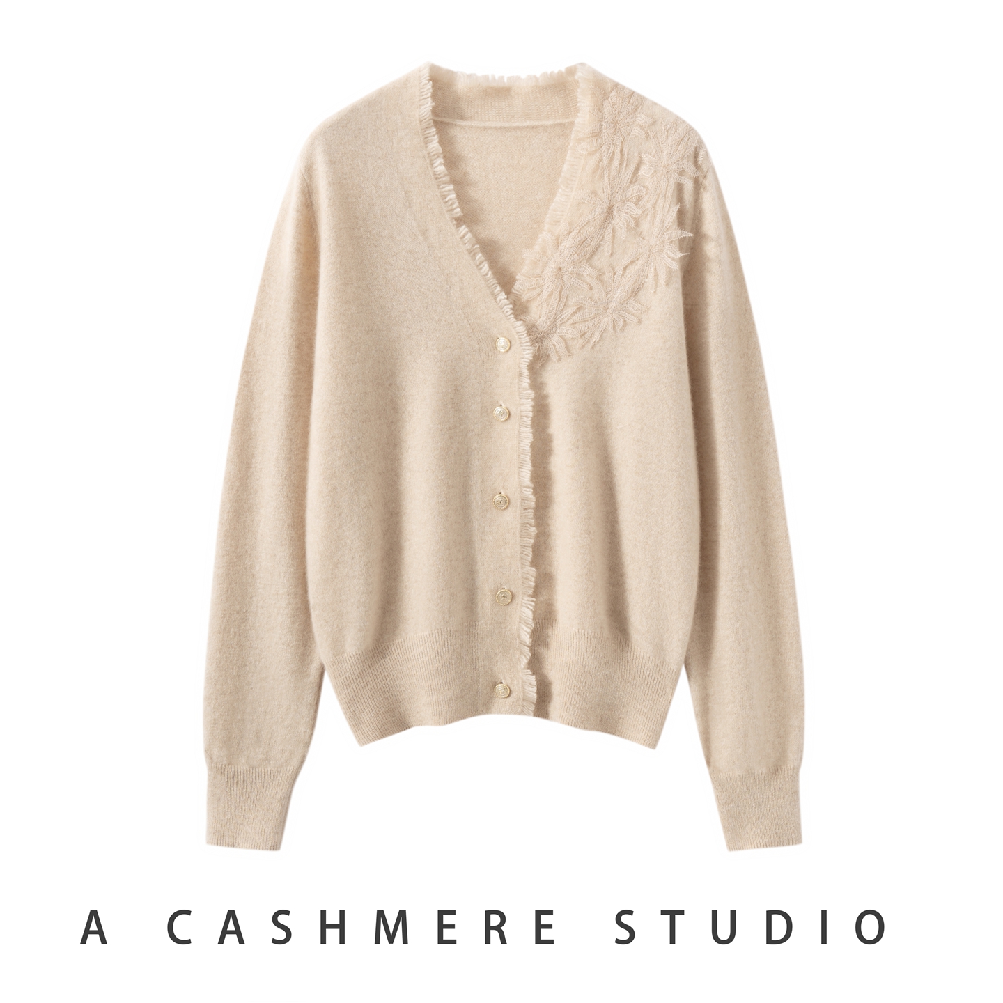 2025秋冬新款V领蕾丝拼接山羊绒开衫女宽松百搭简约针织毛衣外套