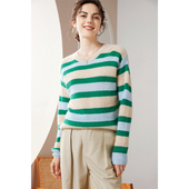 2025秋冬新款 圆领绿色条纹套头羊绒衫 女100山羊绒宽松慵懒毛衣
