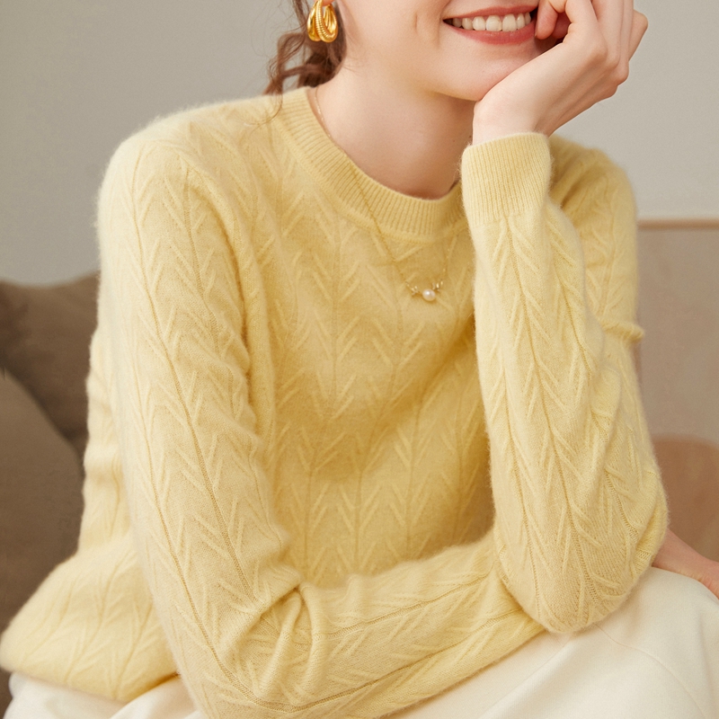 圆领羊绒衫女100%纯山羊绒毛衣春秋新款高级感鹅黄色针织打底上衣