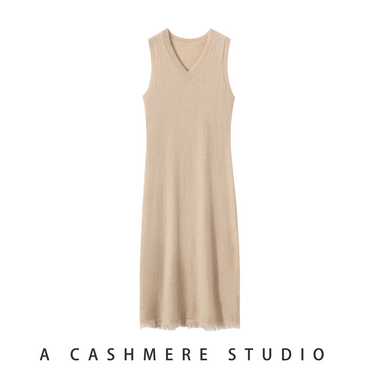 2025秋冬新款100%纯山羊绒衫女V领亲肤中长款无袖流苏针织连衣裙