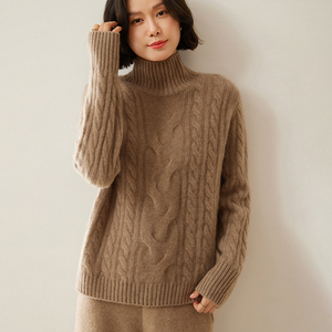 24秋冬新款100纯山羊绒衫女高领宽松韩版针织打底衫高档麻花毛衣