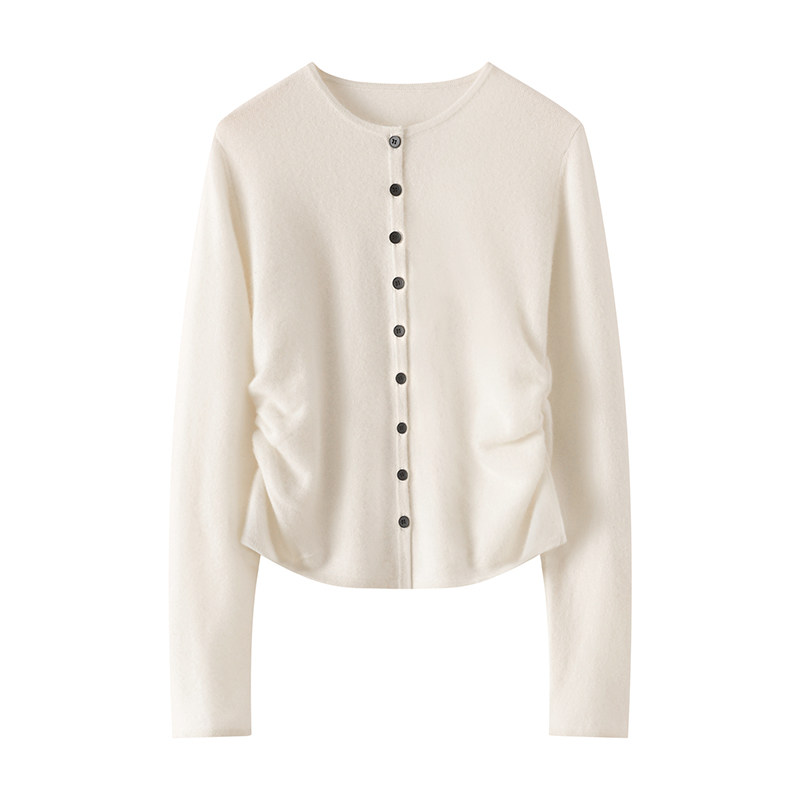 新款精致小蛮腰100%山羊绒衫女圆领百搭上衣捏褶收腰针织开衫外套,女装/女士精品,羊绒衫,淘宝优惠券,粉丝福利购,淘宝优惠卷