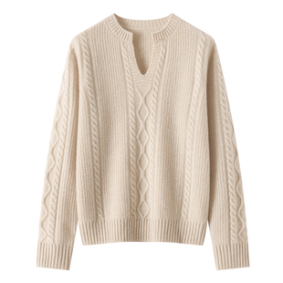 女剪刀领绞花毛衣宽松加厚针织打底衫 轻奢秋冬新款 100%纯山羊绒衫
