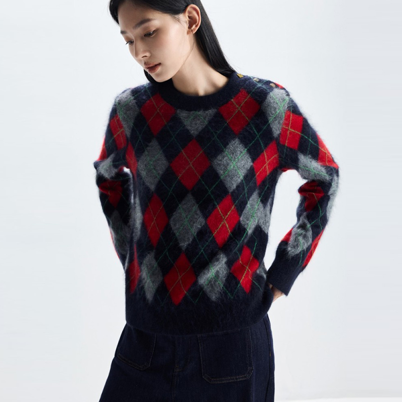 100%纯山羊绒圆领拉绒菱形格套头针织衫柔软通勤百搭毛衣休闲上衣