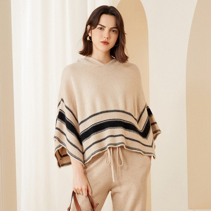 高端加厚100%纯山羊绒带帽披风女拼色针织外搭秋冬套头衫斗篷披肩