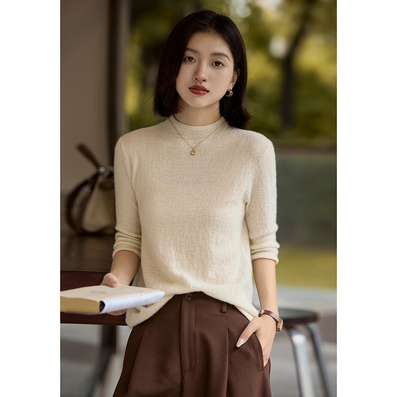 25秋冬新款精纺100%山羊绒衫女圆领五分袖显瘦百搭针织打底衫上衣