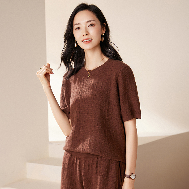 2025秋冬新款100%纯山羊绒圆领花纹短袖套头针织打底衫女气质显瘦