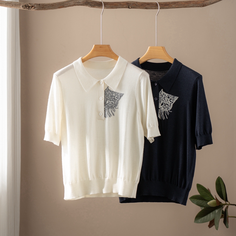 精纺薄款100%纯山羊绒衫女嵌花衬衣领针织衫宽松短袖套头轻奢高端