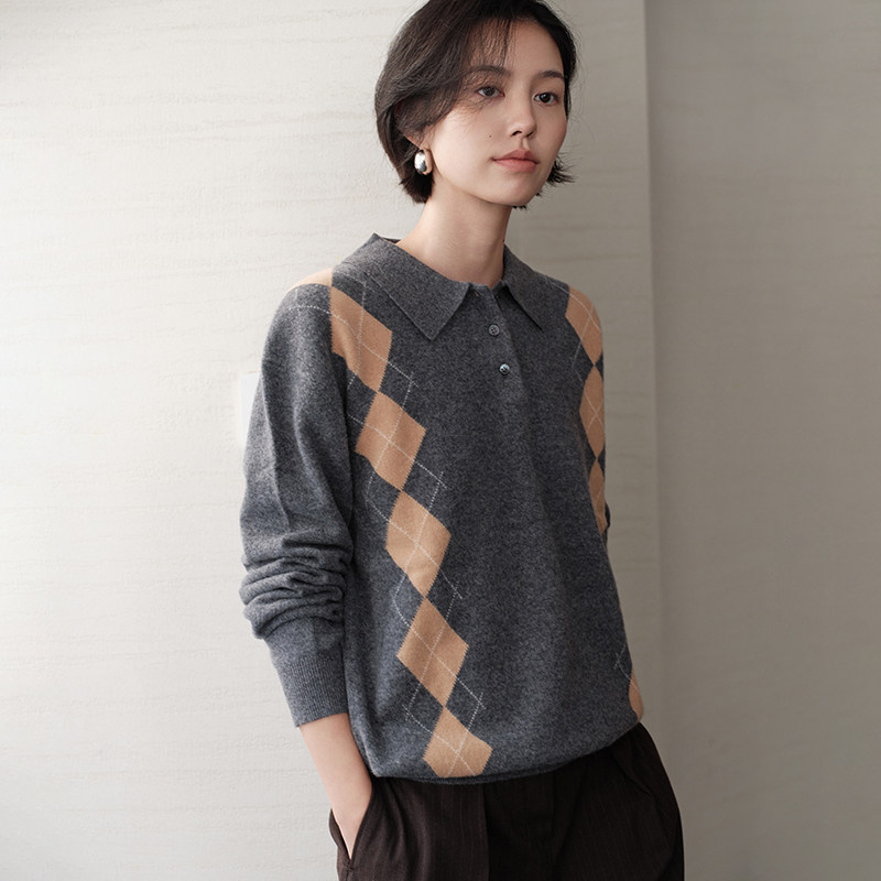 2025秋冬新款100%山羊绒衫女POLO领菱形格针织衫简约休闲百搭毛衣,女装/女士精品,羊绒衫,淘宝优惠券,粉丝福利购,淘宝优惠卷