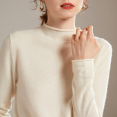宽松上衣卷边针织打底衫 半高领羊绒衫 女100纯山羊绒毛衣秋冬新款