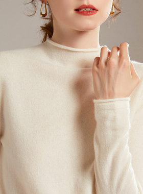 半高领羊绒衫女100纯山羊绒毛衣秋冬新款宽松上衣卷边针织打底衫