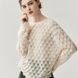 康宝莱纱线75%山羊绒25%桑蚕丝薄款 镂空一字领宽松毛衣女士针织衫