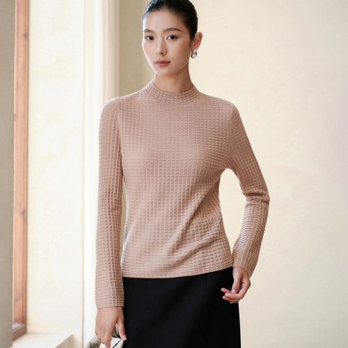 秋冬新款羊绒衫女100纯山羊绒半高领方块格针织衫百搭修身打底款