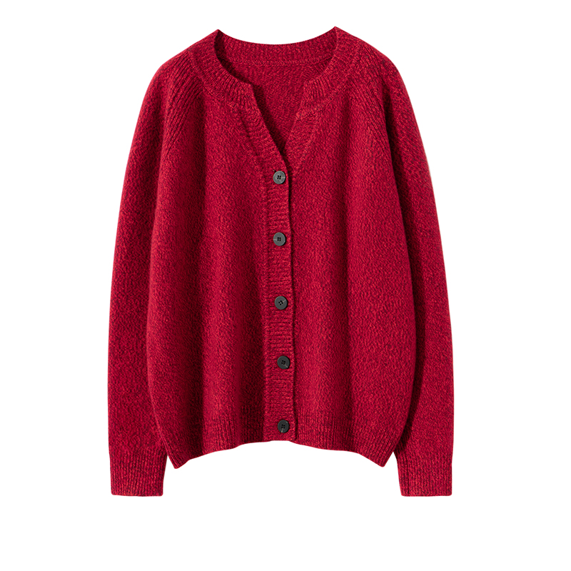 100纯山羊绒圆V领加厚宽松开衫