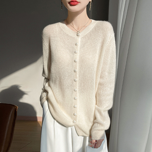 针织衫 软糯亲肤春秋新款 圆领包扣开衫 女士时尚 外套 桑蚕丝山羊绒衫
