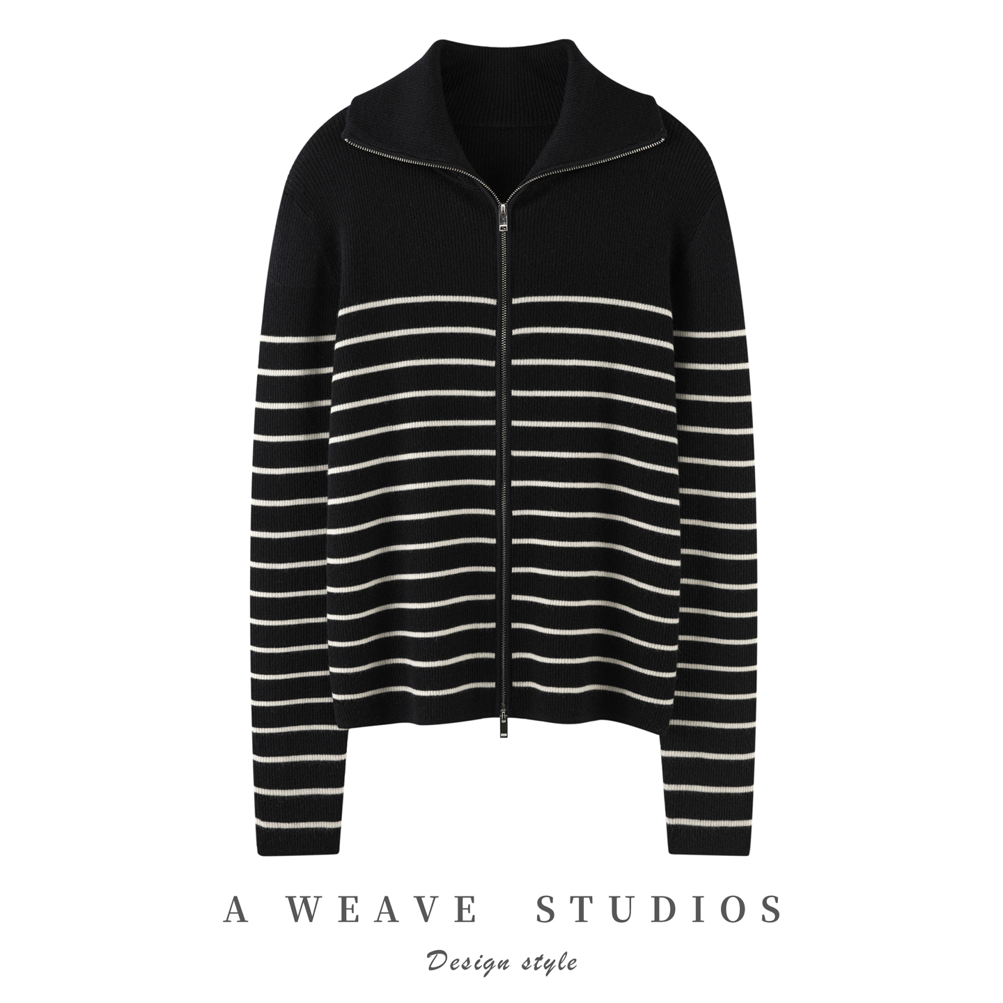 25秋冬新款100%纯山羊绒女翻领条纹双拉链针织衫时尚休闲百搭外套