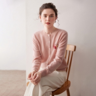外套百搭 圆领高级感粉色提花针织长袖 秋冬100%纯山羊绒开衫 女薄款