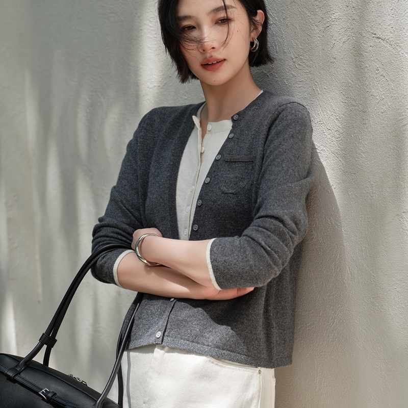 2025秋冬新纯山羊绒衫女气质撞色假两件圆领宽松显瘦针织开衫外套