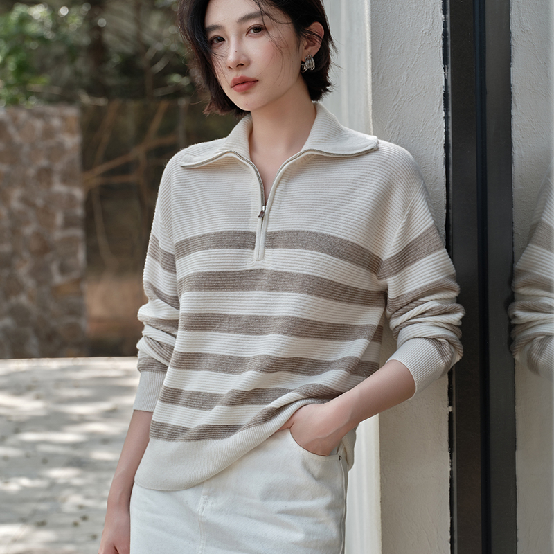25秋冬新款100%山羊绒衫女半拉链Polo翻领条纹宽松显瘦针织打底衫